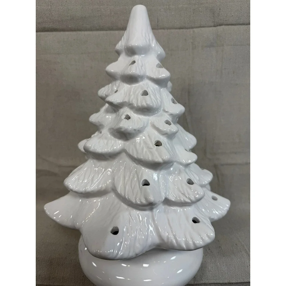 White Ceramic Lighted Christmas Tree 12 Inch Tabletop Holiday Decor Glossy Glaze